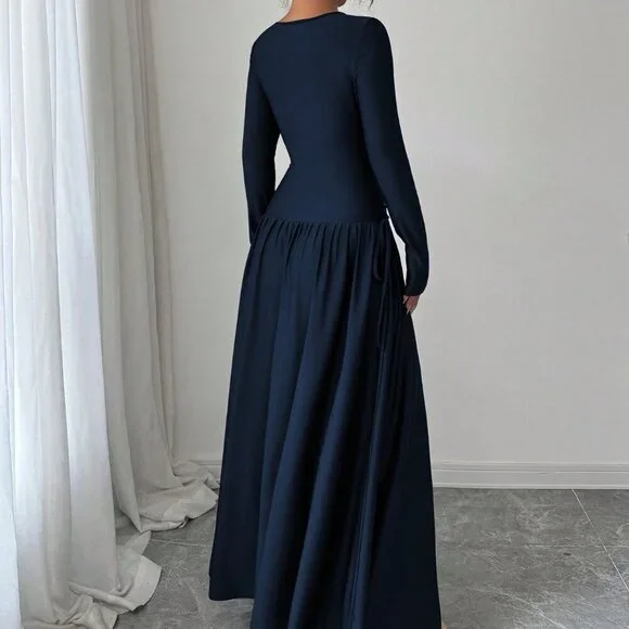 Royal Elegant Women's Oblique Collar Long Sleeve Pleated A-Line Long Dress - Picture 2 of 8